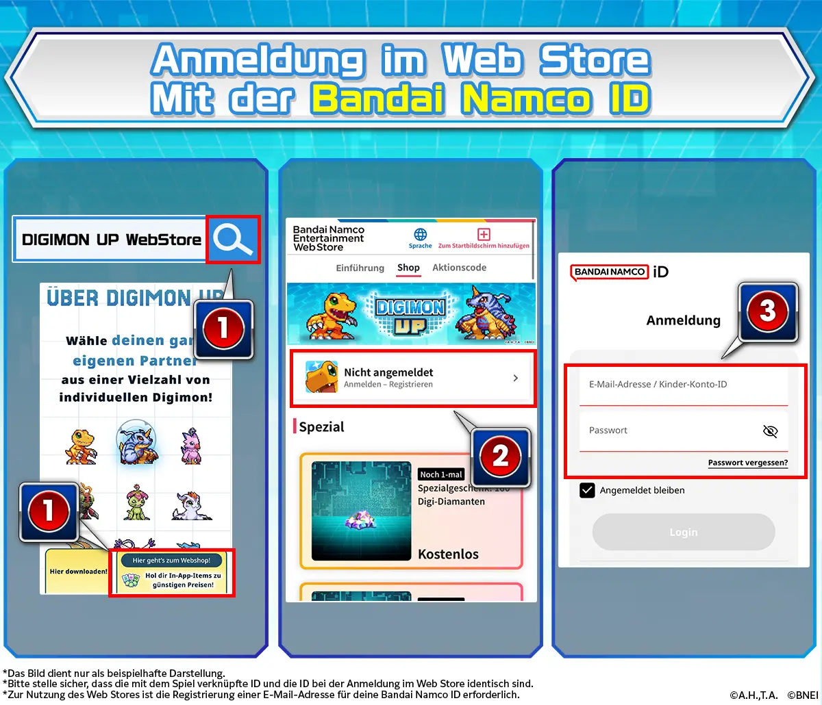 Gehe zur offiziellen Webseite von DIGIMON UP. Tippe auf dem Startbildschirm auf die entsprechende Schaltfläche, um deine Login-Daten einzugeben. Gib deine E-Mail-Adresse und dein Passwort ein, um dich einzuloggen.