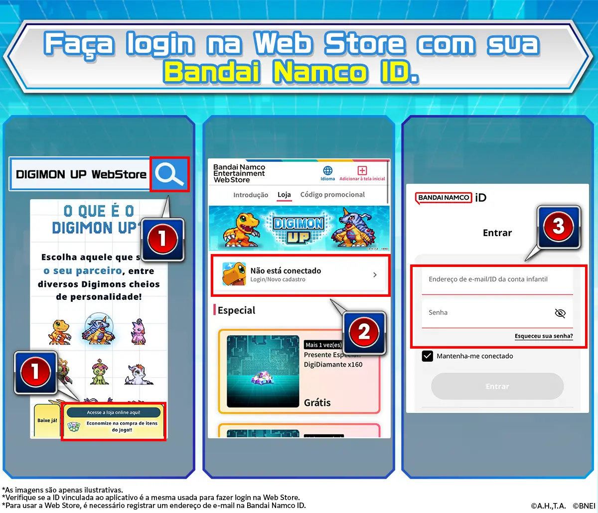 Ir para o site oficial de Digimon UP. Na tela inicial, toque em "Dados da conta". Digite seu endereço de e-mail e senha para fazer login.